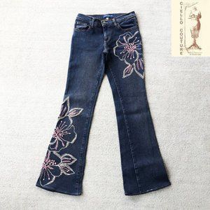 Flower Embroidered Couture Denim Jean Pants / Bohemian Flower Jeans
